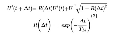 Ecuación matemática que describe una función U prima en función del tiempo con un término de decaimiento exponencial R dependiente del intervalo de tiempo y una constante T subíndice Li.

Descripción generada con IA