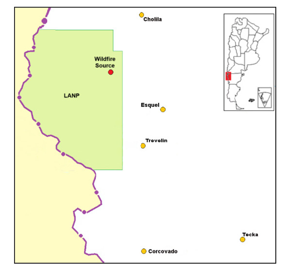 Mapa que muestra la ubicación de un incendio forestal dentro de una zona verde etiquetada como LANP y varias localidades cercanas en un área resaltada de Argentina.

Descripción generada con IA