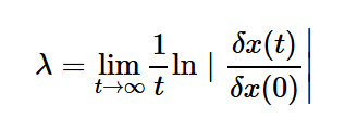 La fórmula muestra el límite cuando t tiende a infinito de uno partido por t por el logaritmo natural del cociente entre la variación de x en t y la variación de x en cero.
Descripción generada con IA