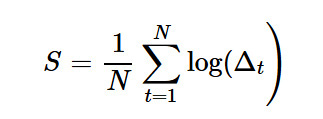 Ecuación matemática que define S como el promedio logarítmico de los valores delta t desde t igual a uno hasta N.
Descripción generada con IA